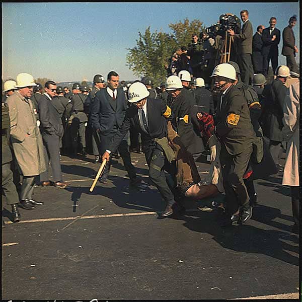 In Washington D.C. An anti-Vietnam demonstration. U.S. Marshals bodily remove one of the protesters during the outbreak of violence at the Pentagon Building, October 1967.