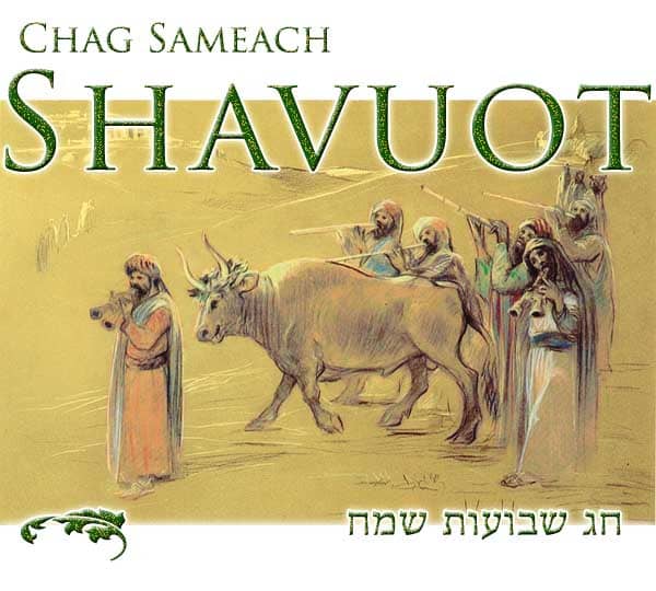 Shavout celebrates the anniversary of God giving the Torah to the Jewish people. The multi-day observance is based around Torah studies and the eating of special foods that largely commemorate grain harvest. "Chag Sameach" means "Happy Holiday."