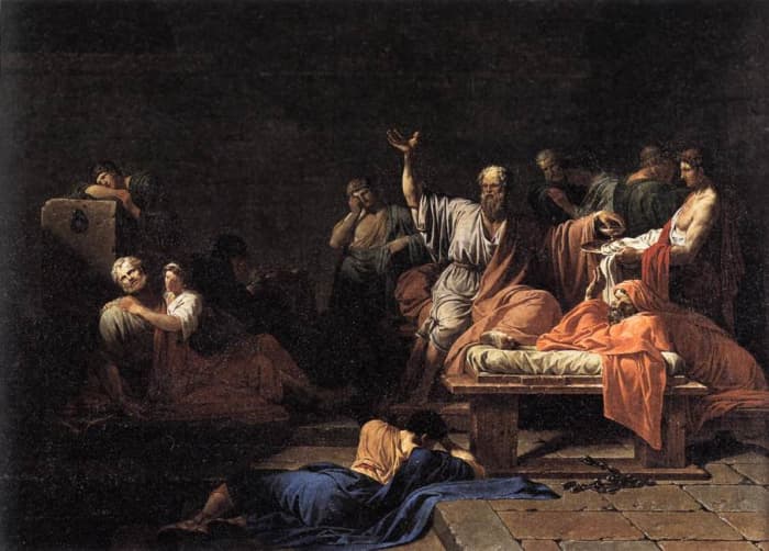 The painting The Death of Socrates by Jean Francois Pierre Peyron shows the Greek philosopher as he's about to drink hemlock tea