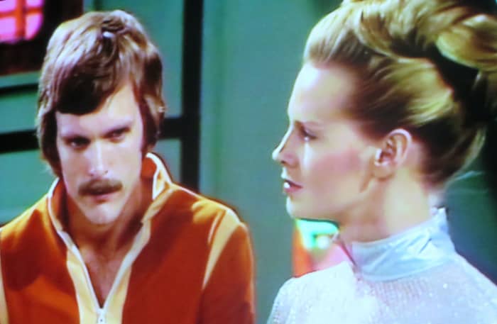 You never knew from week to week what star you would see on "The Starlost" set. Here is a scene from "Gallery of Fear" with Devon and Daphne the voice and spokeswoman for the powerful Magnus.super-computer. played by Angel Tompkins.