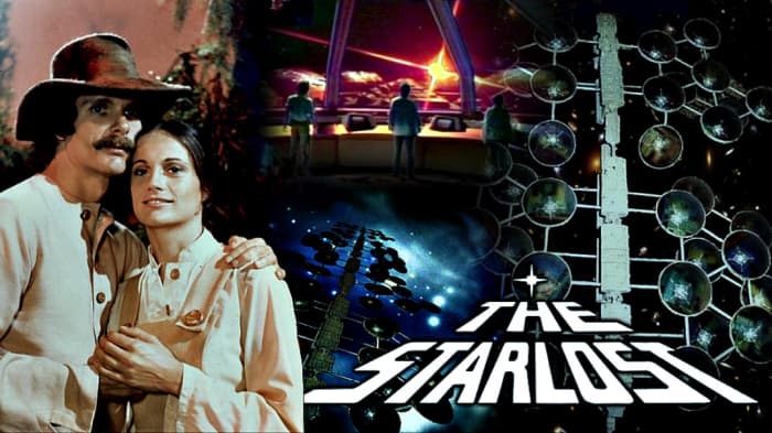 Keir Dullea as Devon and Gay Rowan as Rachel from the the Cypress Corner biosphere on "The Starlost" with great artwork of the Ark and the Bridge.