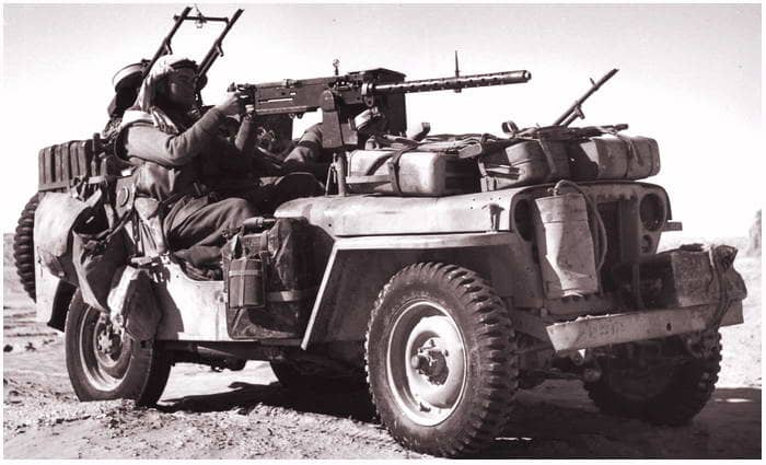 An SAS jeep laden, ready for action in the North African desert. They carried on their missions in Europe when North Africa was cleared of Axis forces