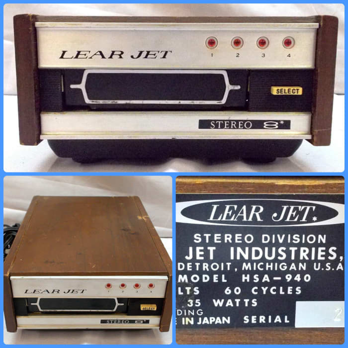 At home, use the Lear Jet 8 track full dimensional stereophonic reproduction through your present home stereo system by plugging in this handsomely crafted Lear Jet home tape deck.