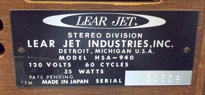 Lear Jet Industries, Stereo System, Avionic Instrumentation, Executive and Airline Jet Aircraft, Stereo Division, 13131 Lyndon Avenue, Detroit Michigan. Lear Jet Stereo 8 the first and finest 8 - track tape cartridges and players.
