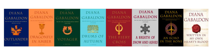 The eight books of Gabaldon's Outlander series. A ninth book is in production.