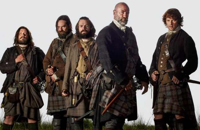 The Scottish men of Outlander: Rupert MacKenzie (Grant O'Rourke) Murtagh Fraser (Duncan Lacroix) Anghus Mhor (Stephen Walters) Dougal MacKenzie (Graham McTavish) and Jamie Fraser (Sam Heughan)