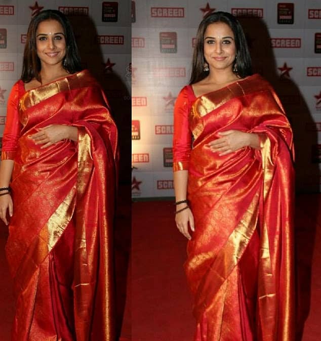 Look how the fluffy kanjivaram silk katan saree does not drape nicely around Vidya making her look fatter than she actually is.