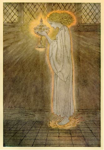 Arthur Rackham "How at the Castle of Corbin a Maiden Bare in the Sangreal and Foretold the Achievements of Galahad"