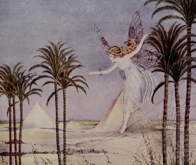 Here we show a portion of 'For centuries the Pyramids alone remained a witness of the Glory of Egypt' - it is from Ida Rentoul Outhwaite's suite published in "The Sentry and the Shell Fairy" (1924).