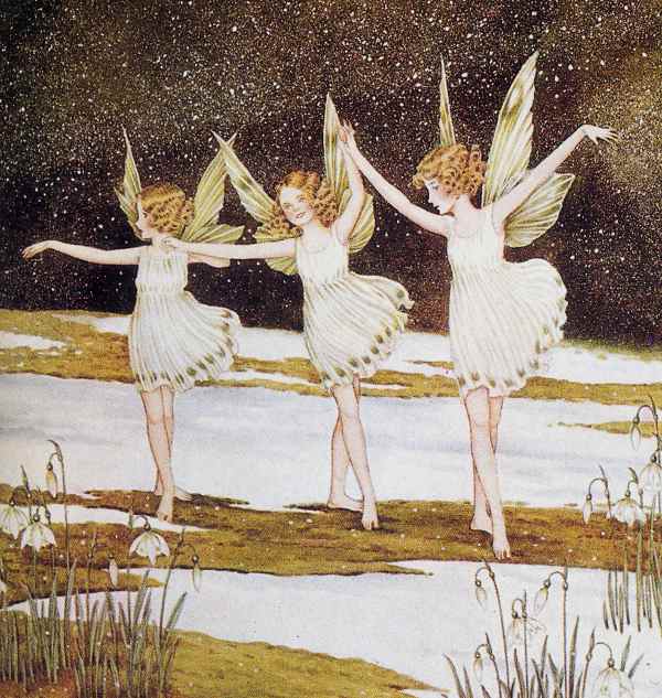 Here we show a portion of 'In and out among the snowdrops Fairies were dancing' - it is from Ida Rentoul Outhwaite's suite published in "Bunny and Brownie: The Adventures of George and Wiggle" (1930).