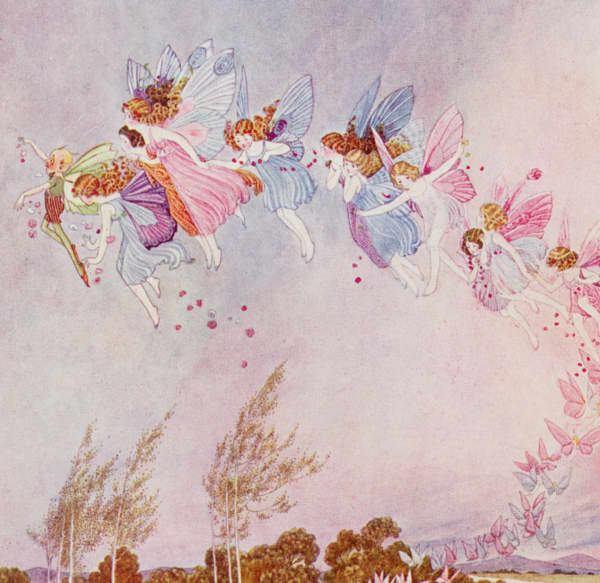 Here we show a portion of 'The farthest ones looked like great butterflies' - it is from Ida Rentoul Outhwaite's suite published in "The Little Fairy Sister" (1923).
