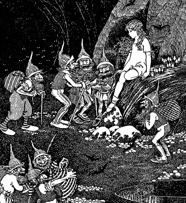 Here we show a portion of 'Keep her in our cavern for our Queen!' - it is from Ida Rentoul Outhwaite's suite published in "The Little Green Road to Fairyland" (1922).