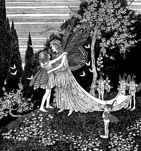 Here we show a portion of 'Nancy ran right into the arms of the Fairy Queen' - it is from Ida Rentoul Outhwaite's suite published in "The Little Fairy Sister" (1923).