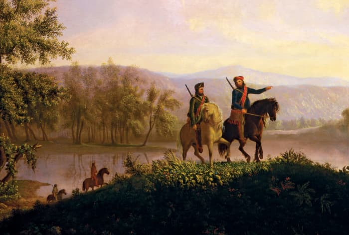 Lewis and Clark, in a 1850 painting by Thomas Burnham (1850) depicts the two explorers traveling safely through a pristine wilderness.