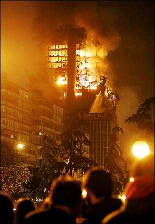 This is the Windsor Building in Madrid, Spain, that suffered a partial collapse of the upper 10 floors.