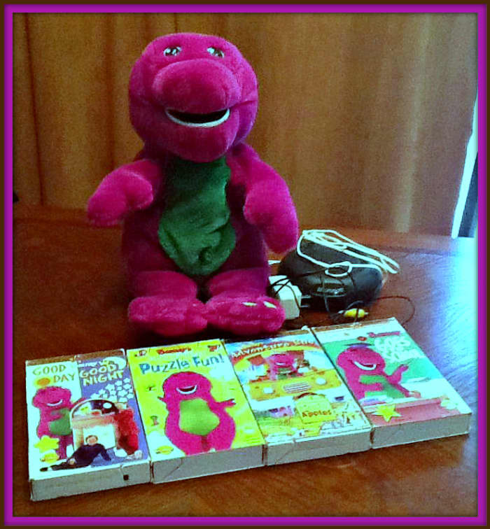 The first is the talking and moving plush ActiMates Interactive plush Barney companion. The next is a TV Pack which is equipped with a RF transmitter that plugs into the VCR and operates specially encoded Barney VHS videotape.
