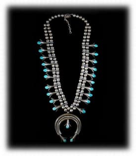 Vintage Navajo Squash Blossom necklace made between 1940-1960. Made with sterling silver. This is also a classic style that is still made today and very popular.