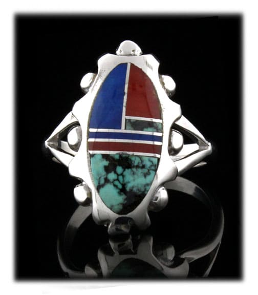 Silver, turquoise, lapis and coral inlay ring crafted by Stanley Manygoats here in New Mexico.