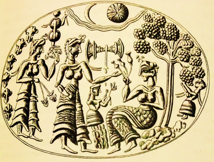 Groves of olive, fig and pomgranate were sacred spaces for dance and ceremony. Low walls formed enclosures around the sacred groves. Artifacts suggest that altars and labyris stood just outside these enclosures. Libations were poured over sacred boug