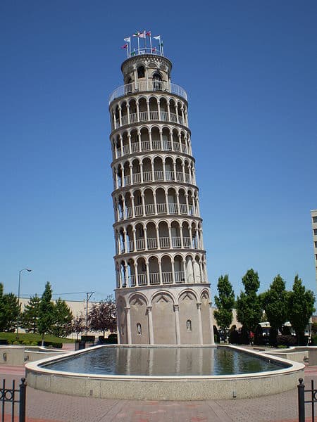 The Leaning Tower of Niles is a half-size replica of the Leaning Tower of Pisa. Located in Niles, Illinois, it was completed in 1934 by industrialist Robert Ilg as part of a recreation park for employees of the Ilg Hot Air Electric Ventilating Compan