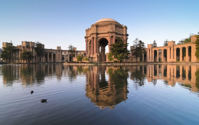 The Palace of Fine Arts in the Marina District of San Francisco, California, is a monumental structure originally constructed for the 1915 Panama-Pacific Exposition in order to exhibit works of art presented there.