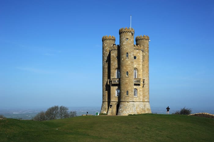 Broadway Tower, a folly in the English county of Worcestershire. The "Saxon" tower was designed by James Wyatt in 1794 to resemble a mock castle, and built for Lady Coventry in 1799.