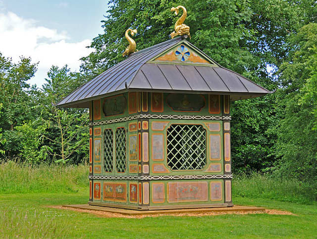 The Chinese House, Stowe Built in 1738 (probably the earliest chinese building in England), it was originally located in the Elysian Fields. It was moved from Stowe in 1750, but purchased and returned to its present location by the National Trust in