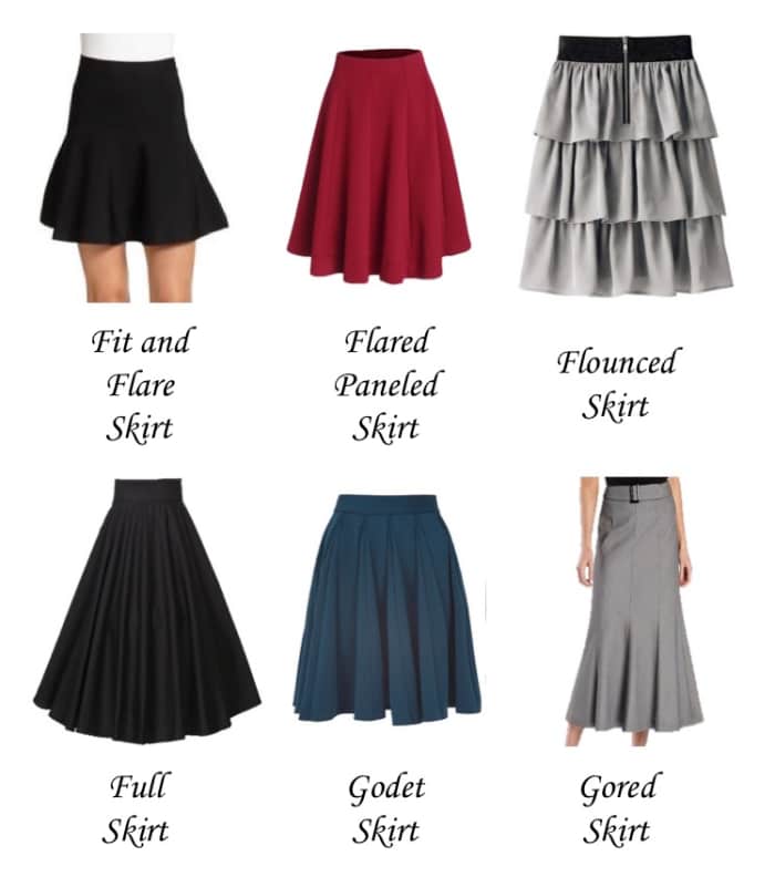 F-G skirt styles are shown above.