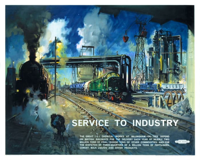 1960s Terence Cuneo painting of service to industry in the North East by the railway. Cuneo's reputation as an illustration artist has outlived him, with his mastery of light and dark (fairly Rembrandt-ish, with cool colours)