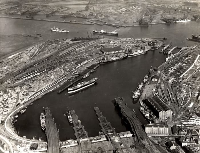 Tyne Dock coal staiths, South Shields at the mouth of the Tyne. This was one of the few deep water dock installations on the North East Cast, the coal was mined high inland in County Durham and brought here by rail