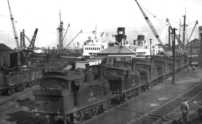 Alexandra Dock, Hull, 1950s, a line of small dock tank shunters is ready to move wagons for loading and unloading - built for the Hull & Barnsley Railway, this dock was equipped for transferring coal from wagon to ship for export (see below)