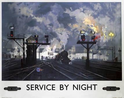 David Shepherd was another artist sought for poster work to advertise the railways' services. 'Service by Night' could equally apply to freight traffic to or from Hull on the main line