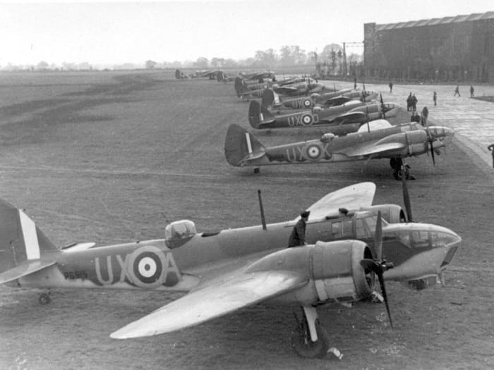 British Bristol Blenheim bombers with the RAF Advanced Striking Force: English aircraft were deployed to the continent in small number with obsolete aircraft, and performed badly during the 1940 campaign.