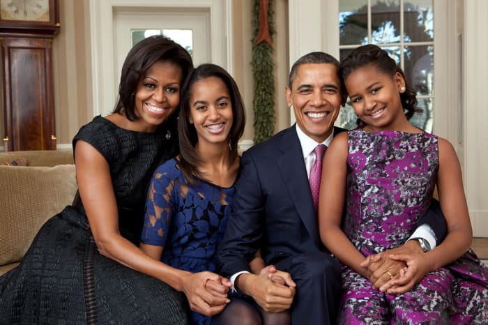 U.S. First Family in 2011 (left to Right): Michelle Obama, Malia Obama, Barack Obama, and Sasha Obama.