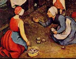 Up close portion of “Children’s Games” by Brugel, painted in 1560, depicting two girls playing knucklebones.