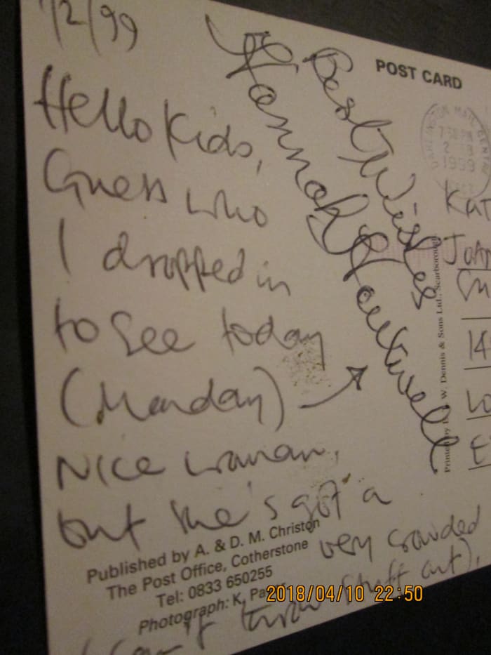 A personal memento of a visit to Hannah in Cotherstone, early 1999 - a picture postcard of the village I sent to the family