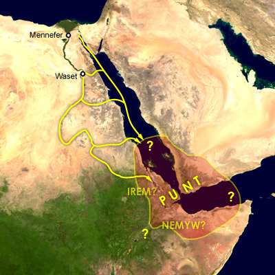 Map of the supposed location of Punt and trade routes from Egypt to Punt via rivers, wadis, and by sea.