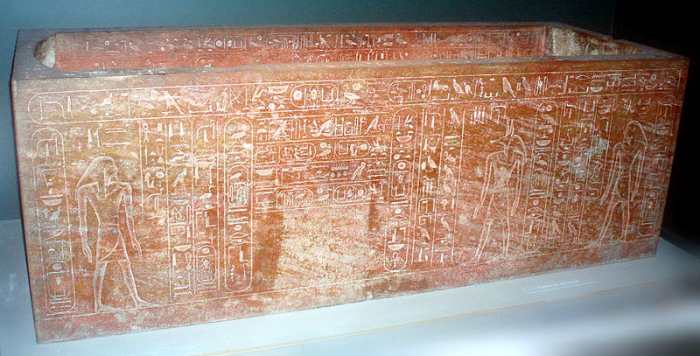 Sarcophagus originally intended for Hatshepsut, reinscribed for her father, Thutmose I. Made of painted quartzite, from the Valley of the Kings, Thebes. 18th dynasty, reign of Hatshepsut, circa 1473-1458 B.C. Now residing in the Museum of Fine Arts,