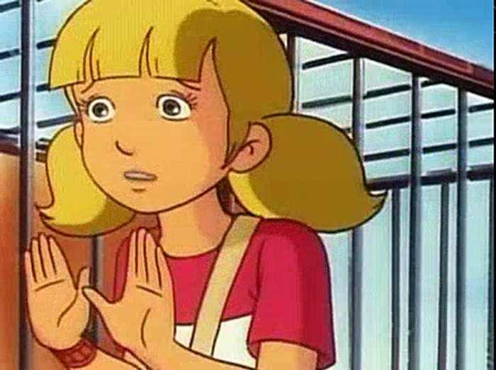 Inspector Gadget's niece Penny tries to warn him in this photo to not imitate the gorilla in the beginning of the episode "Old Man of the Mountain."