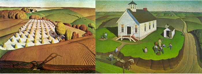 Fall Plowing & Arbor Day by Grant Wood - Images are from https://americangallery.wordpress.com/category/wood-grant/