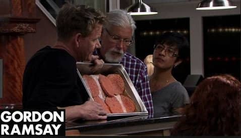 Brent MacDonald is being schooled by Gordon Ramsay on the difference between a fresh burger and frozen burger.