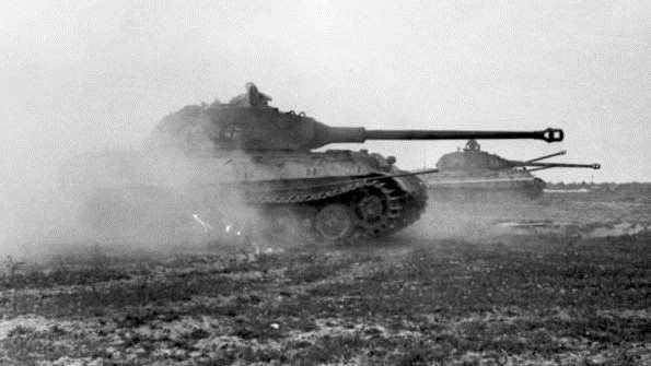 The German Tiger Mark II King Tiger in action near the beaches of Normandy June 1944. Its lack of mobility would cost the German army any chance of victory in the Battle of the Bulge.