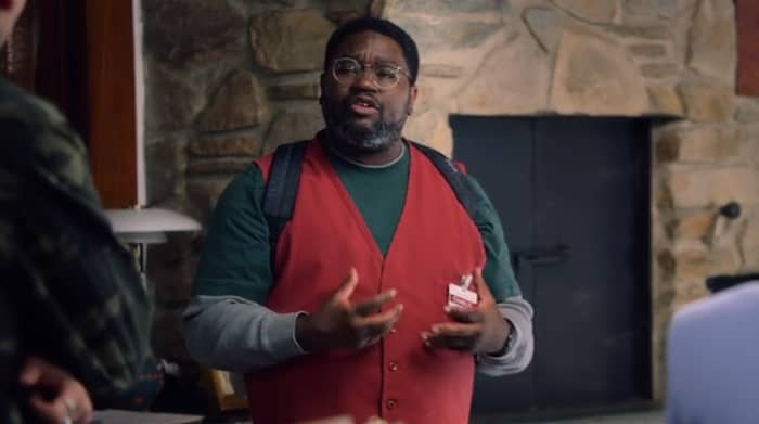 Charlie (Lil Rel Howery) tells the group his theory of what the creatures are and why they've come in 'Bird Box' (2018), a Netflix Original.