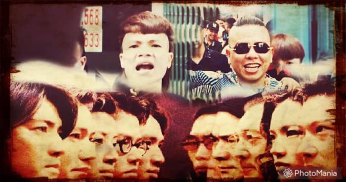 Kha Banh (above, left), Duong Minh Tuyen (top, right) and the staging movie character "People in dark society 4"