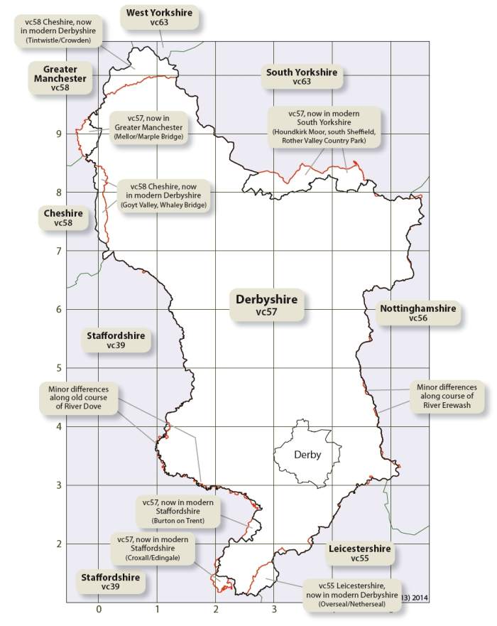 A map showing detailed differences between VC57- Derbyshire and the modern administrative county of Derbyshire.