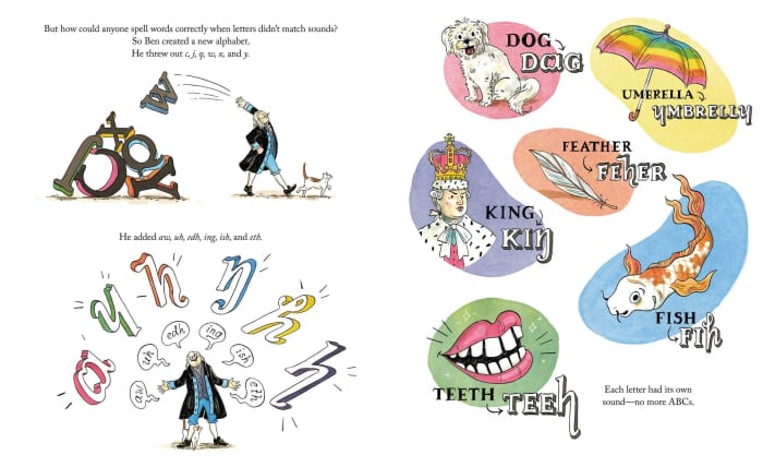 A 2-page spread from An Inconvenient Alphabet showing design elements used to keep the text and illustrations varied and interesting.