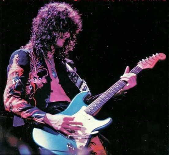 Jimmy Page playing a Fender Stratocaster, presumably during No Quarter, at Earls Court on the 23rd of May 1975