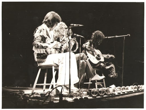 Jones, Plant and Page during the acoustic set, probably playing That's The Way, unknown date, Earl's Court 1975