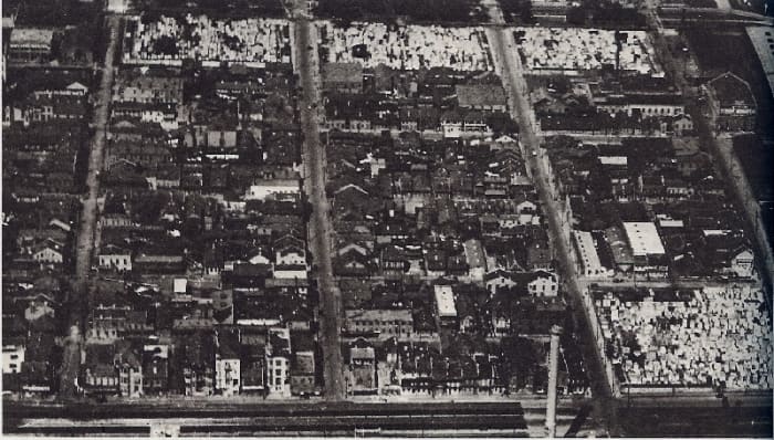 This remarkable photo of Storyville was taken from a hot air balloon. Bounded by two cemeteries, there wasn't a single building that didn't cater to prostitution.
