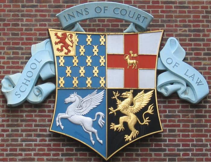 The combined coats of arms of the four Inns of Court, Gray's Inn, Lincoln's Inn, Middle Temple, and Inner Temple.